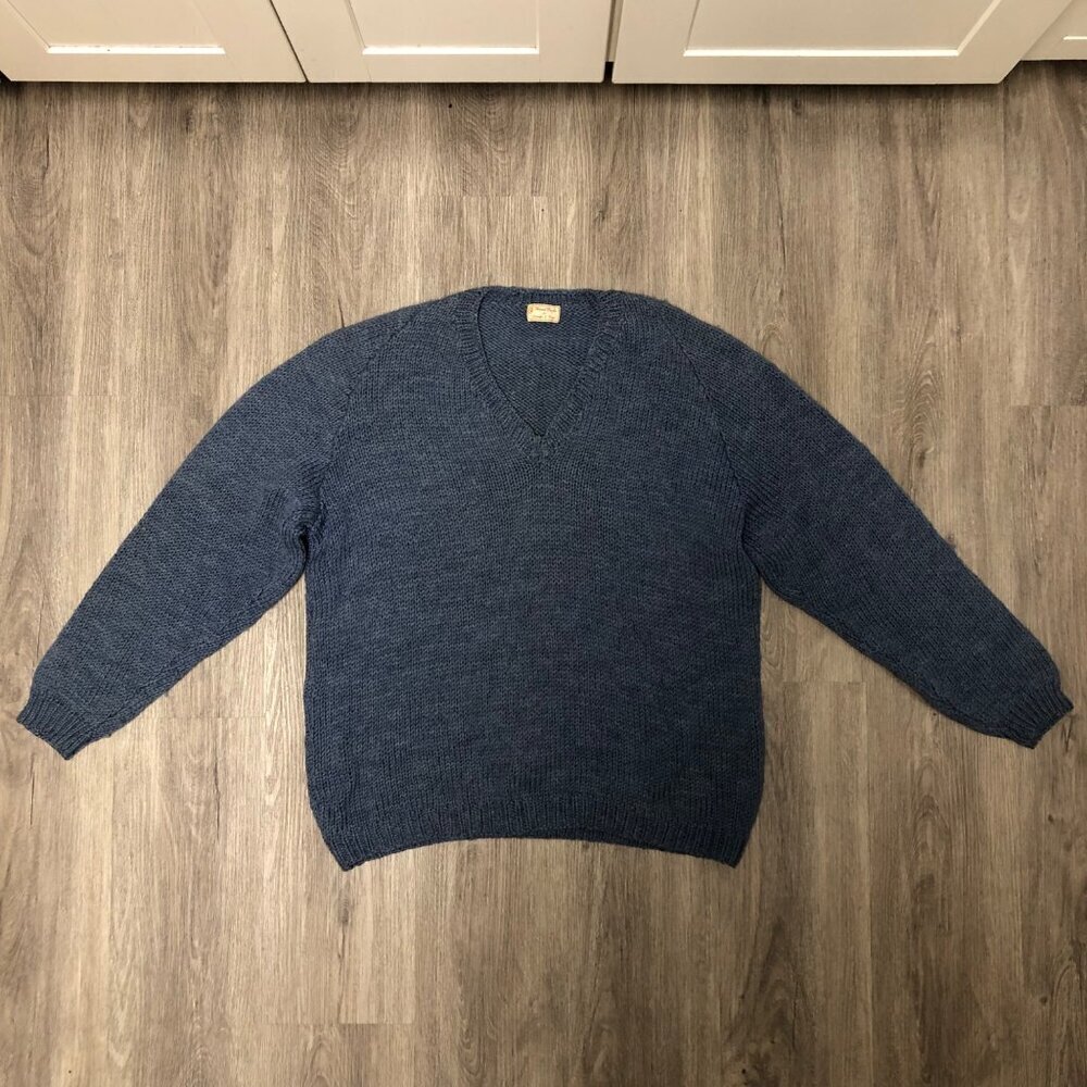 Vintage V- Neck Wool Sweater Handmade Hand Knit 70s Men's Size Medium Pale Blue